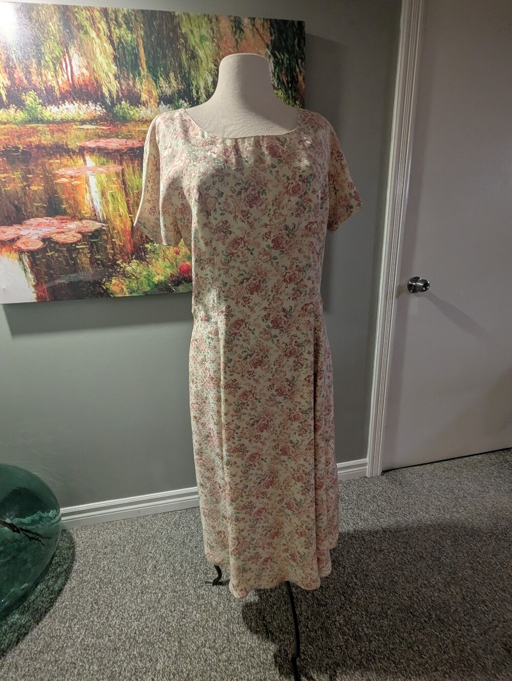 Vintage Laura Ashley Silk Dress Cream With Pink & Green Flowers floral Size 10